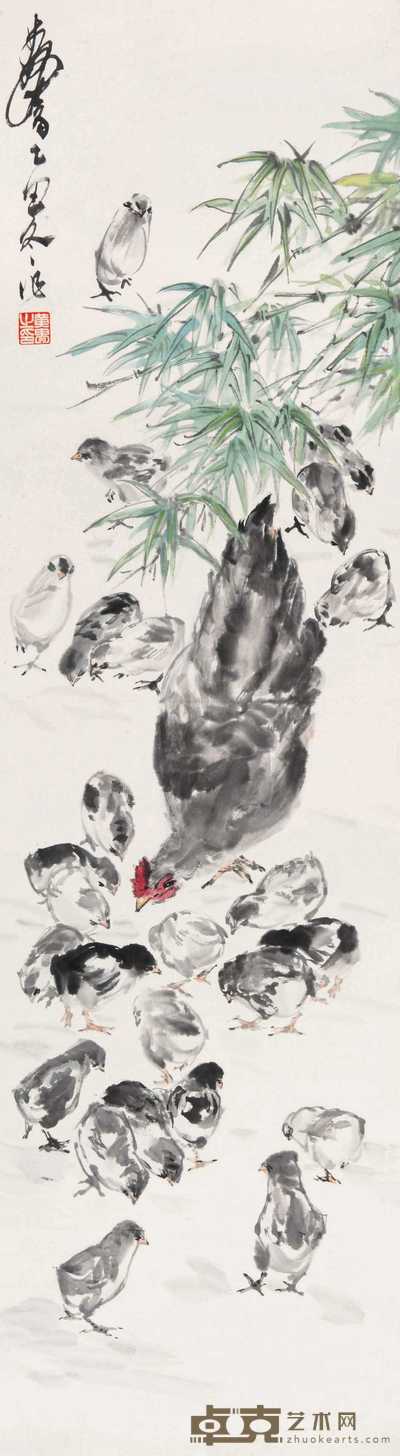 黄胄 1985年作 竹荫母子鸡 立轴 144×39cm